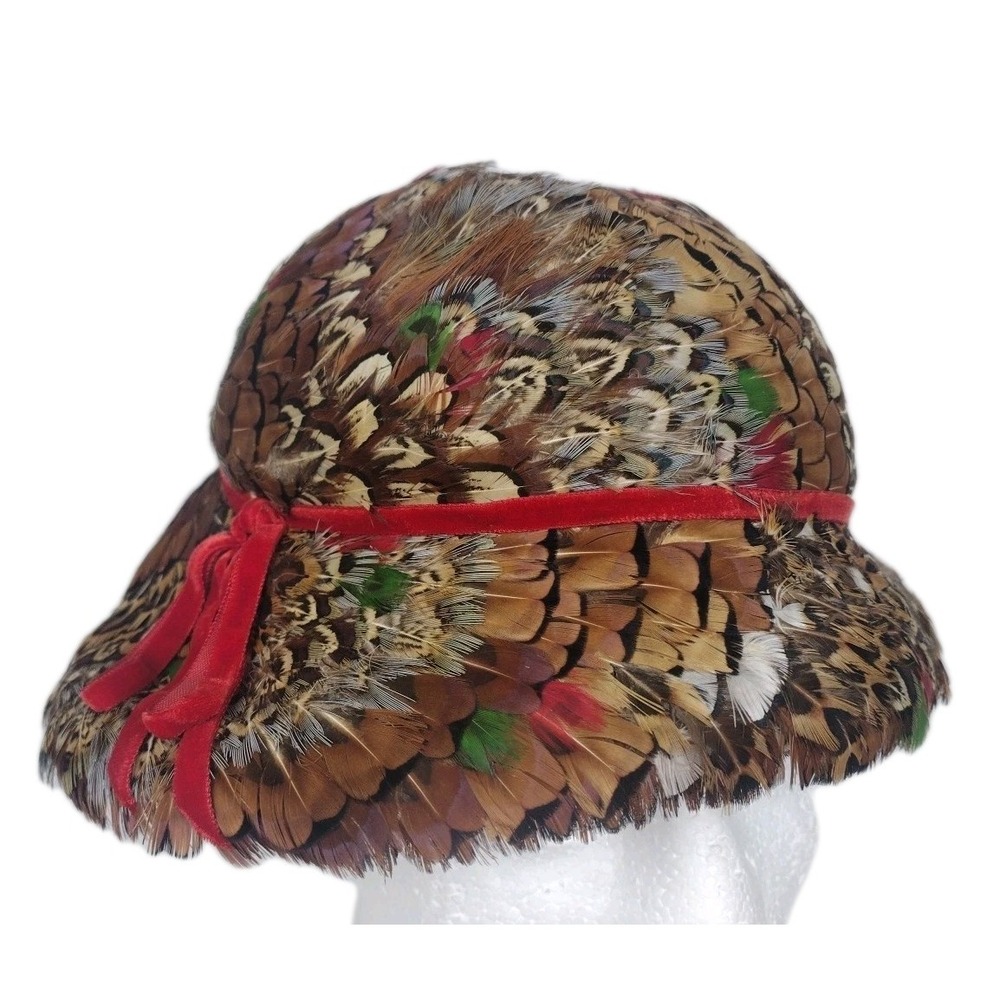 BEAUTIFUL VTG COLORFUL PHEASANT FEATHER HAT by NORMAN DURAND RETRO FANCY Flapper